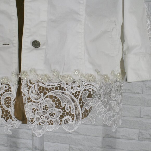 HAND CRAFTED Jacket Denim Upcycled Lace Pearl Trim Floral White Plus Size 16 - Picture 3 of 14